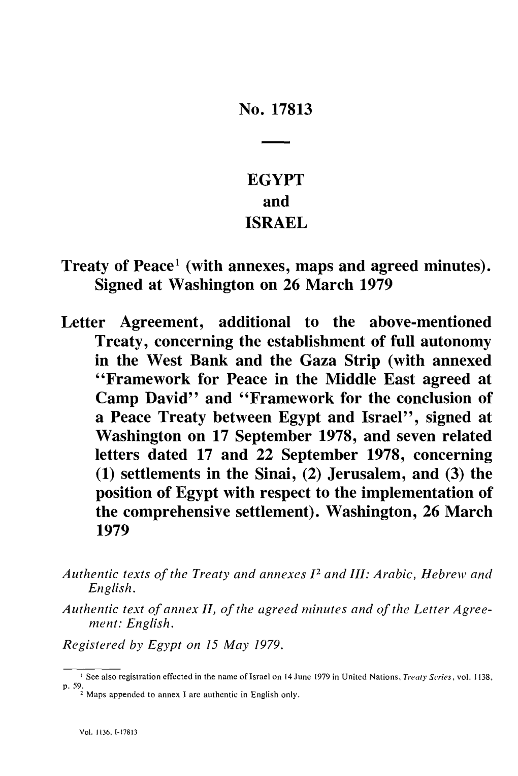No. 17813 EGYPT and ISRAEL Treaty of Peace1