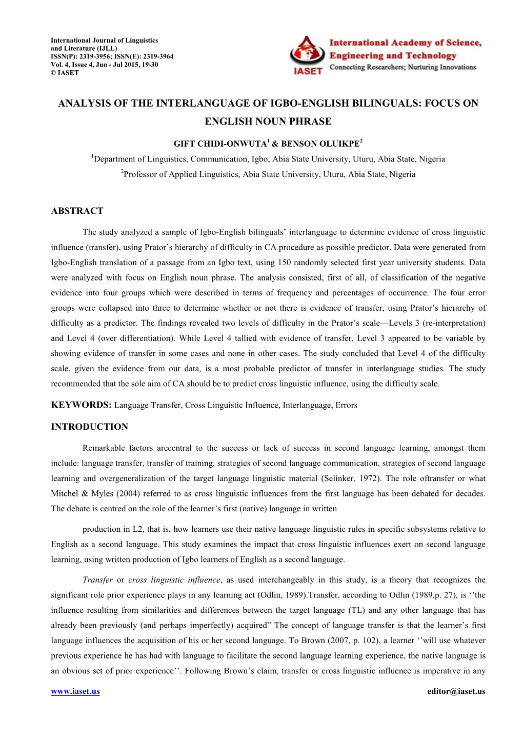 Analysis of the Interlanguage of Igbo-English Bilinguals: Focus on English Noun Phrase