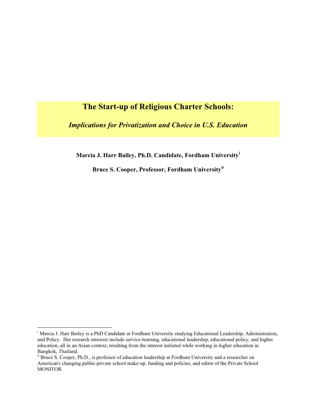 The Start-Up of Religious Charter Schools