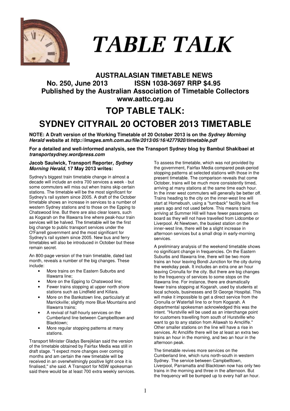 Top Table Talk: Sydney Cityrail 20 October 2013