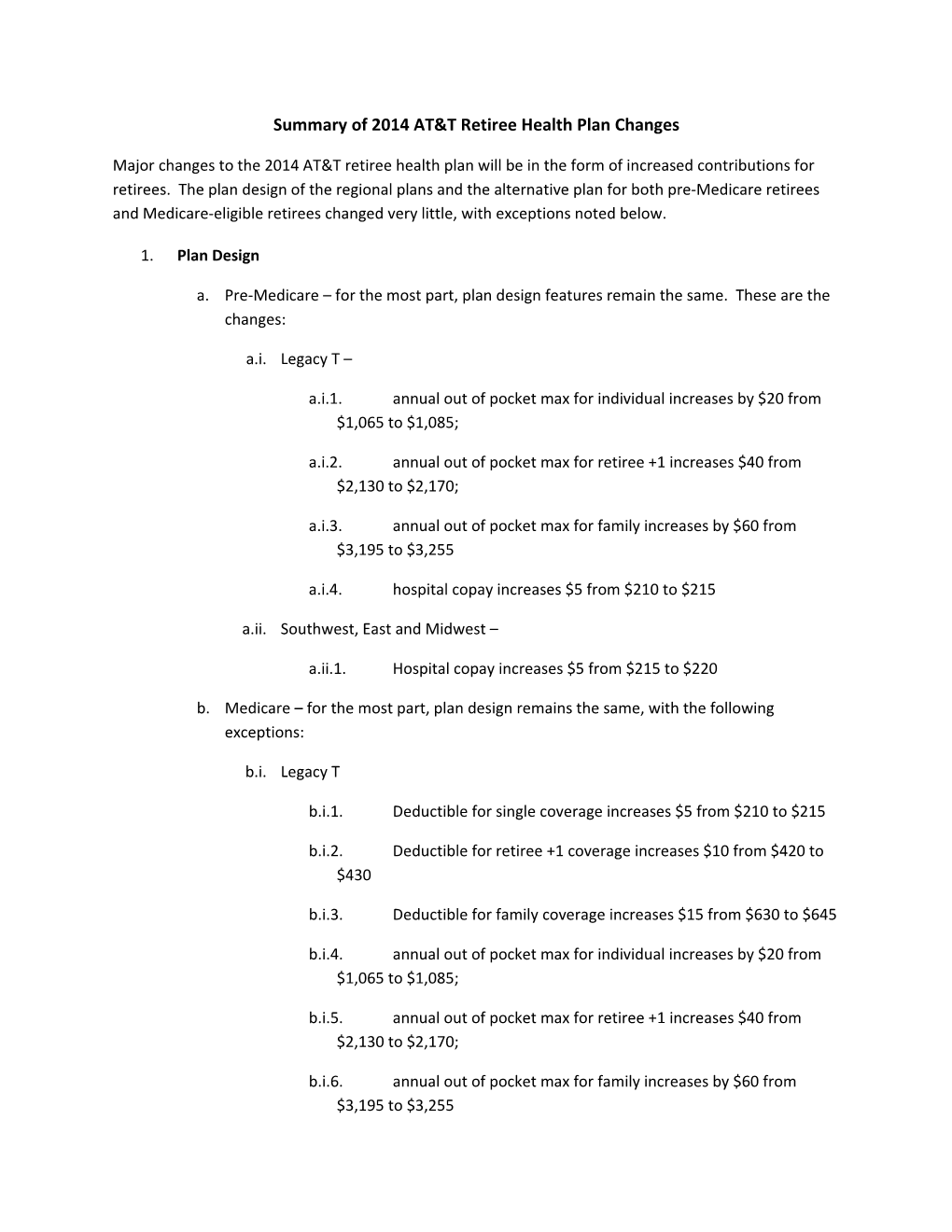 Summary of 2014 AT&T Retiree Health Plan Changes