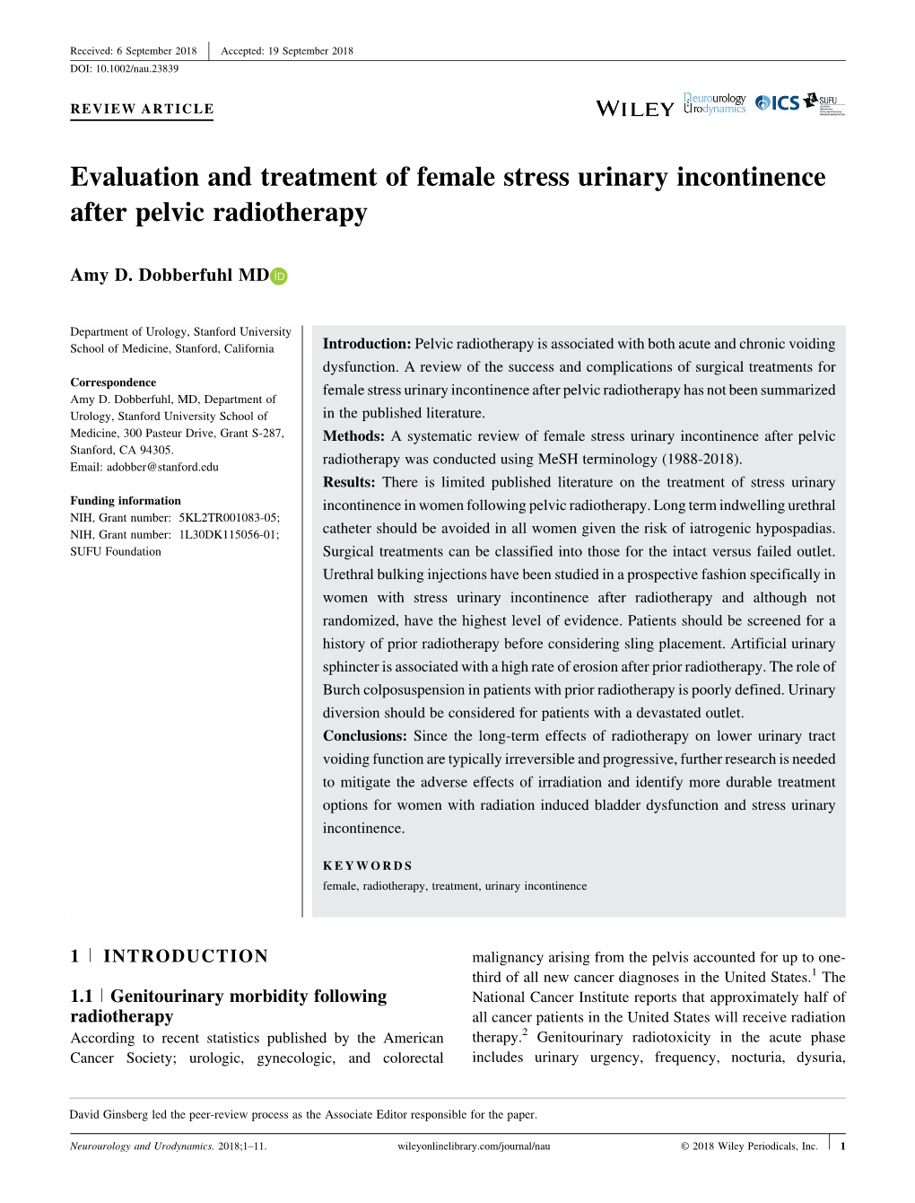 Evaluation and Treatment of Female Stress Urinary Incontinence After Pelvic Radiotherapy