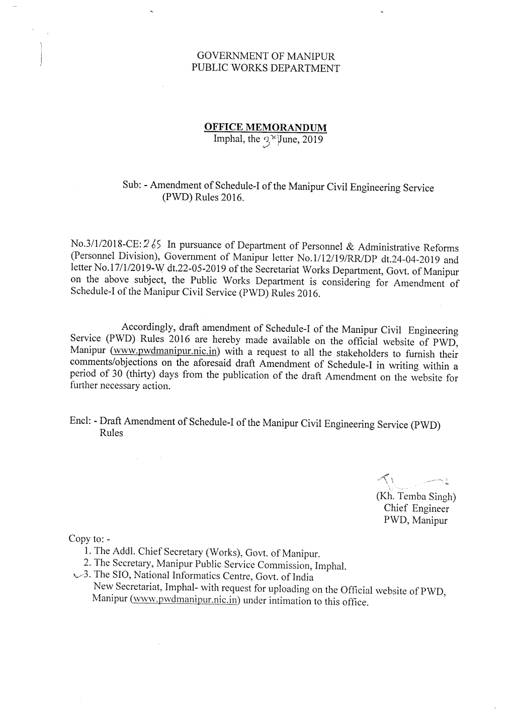 (I)Amendment of Schedule-I of the Manipur Civil Engineering Service