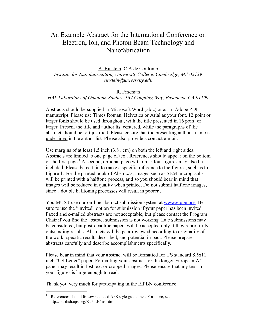 An Example Abstract for the International Conference on Electron, Ion, and Photon Beam