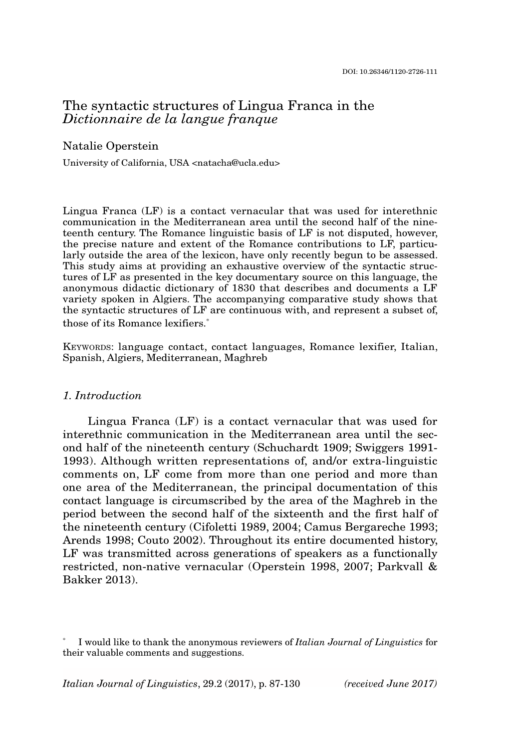 The Syntactic Structures of Lingua Franca in the Dictionnaire De La Langue Franque