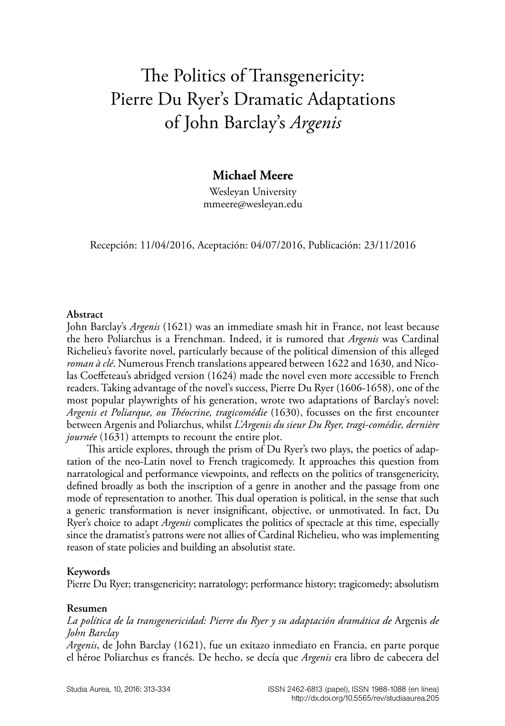 Pierre Du Ryer's Dramatic Adaptations of John Barclay's Argenis