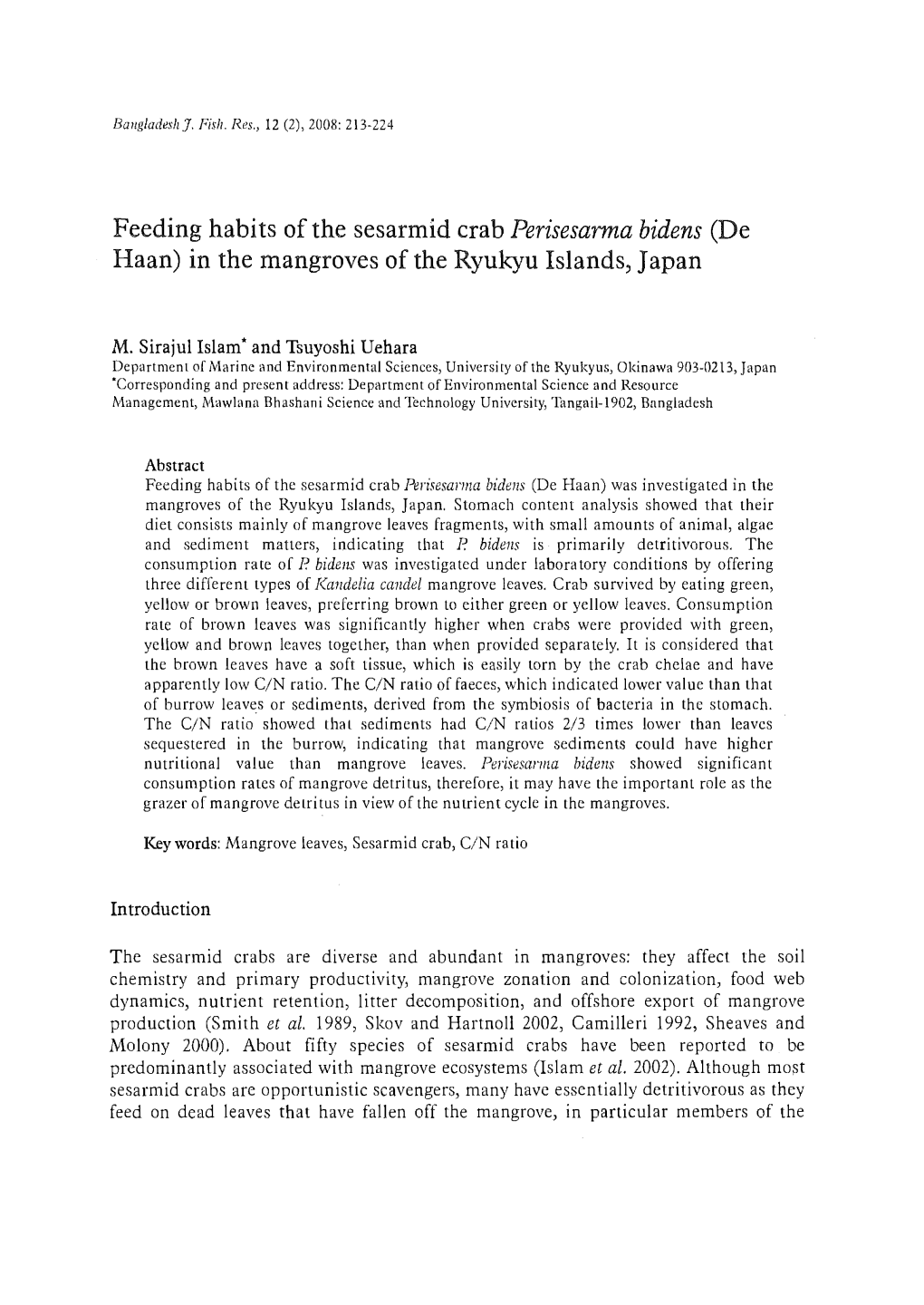 Feeding Habits of the Sesarmid Crab Perisesarma Bidens (De Haan) in the Mangroves of the Ryukyu Islands, Japan