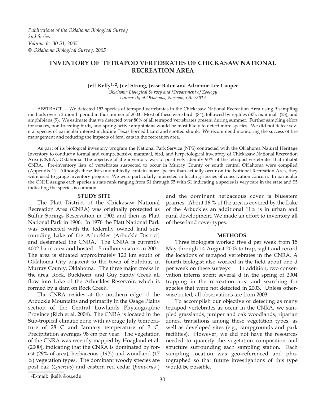 Inventory of Tetrapod Vertebrates of Chickasaw National Recreation Area