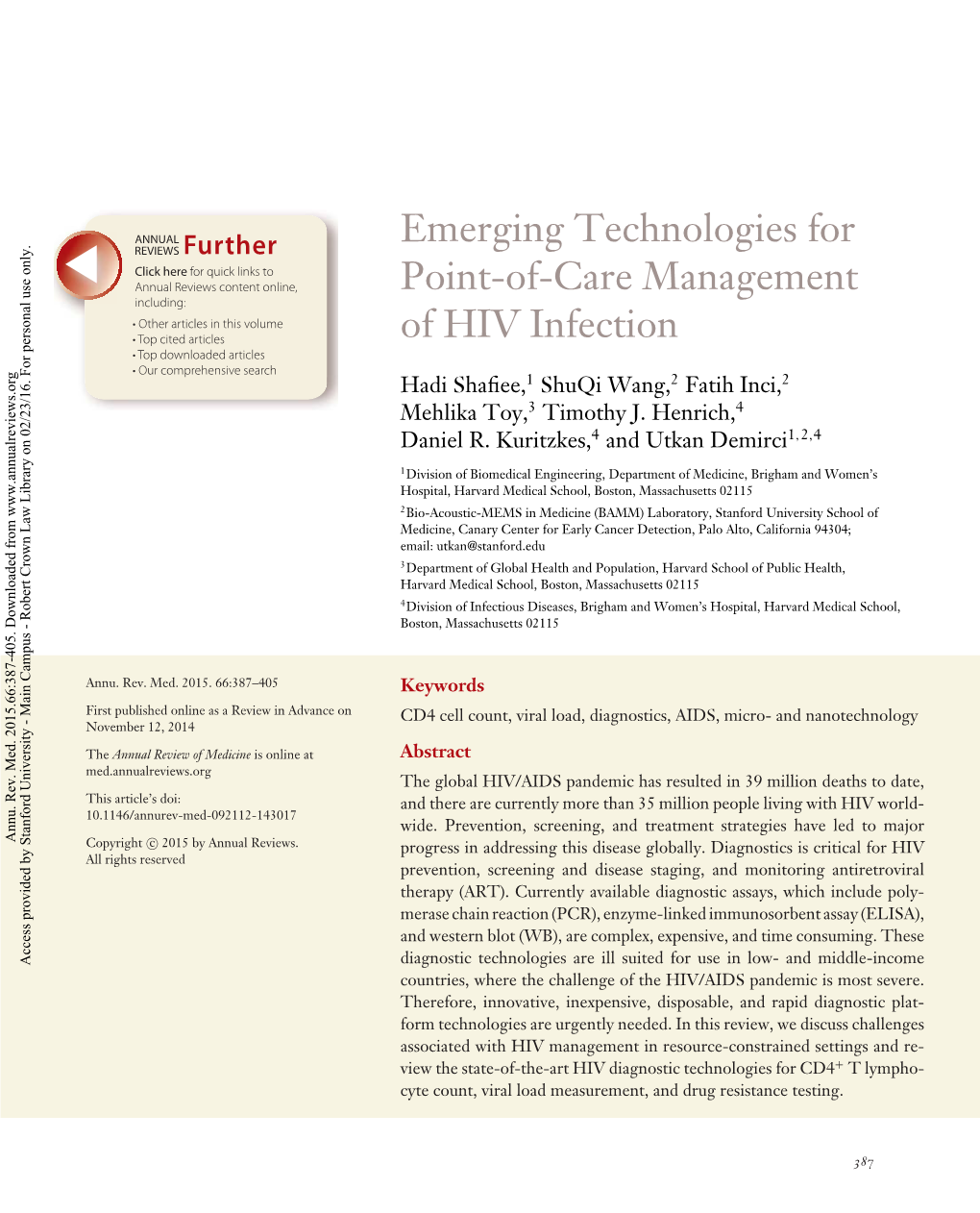Emerging Technologies for Point-Of-Care Management of HIV Infection