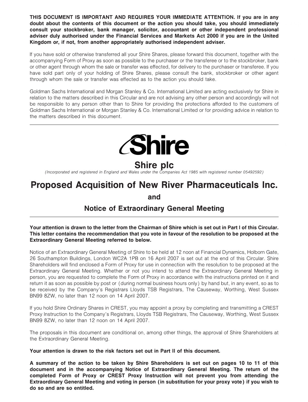 Shire Plc Proposed Acquisition of New River Pharmaceuticals Inc