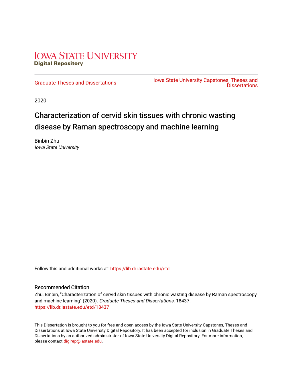 Characterization of Cervid Skin Tissues with Chronic Wasting Disease by Raman Spectroscopy and Machine Learning