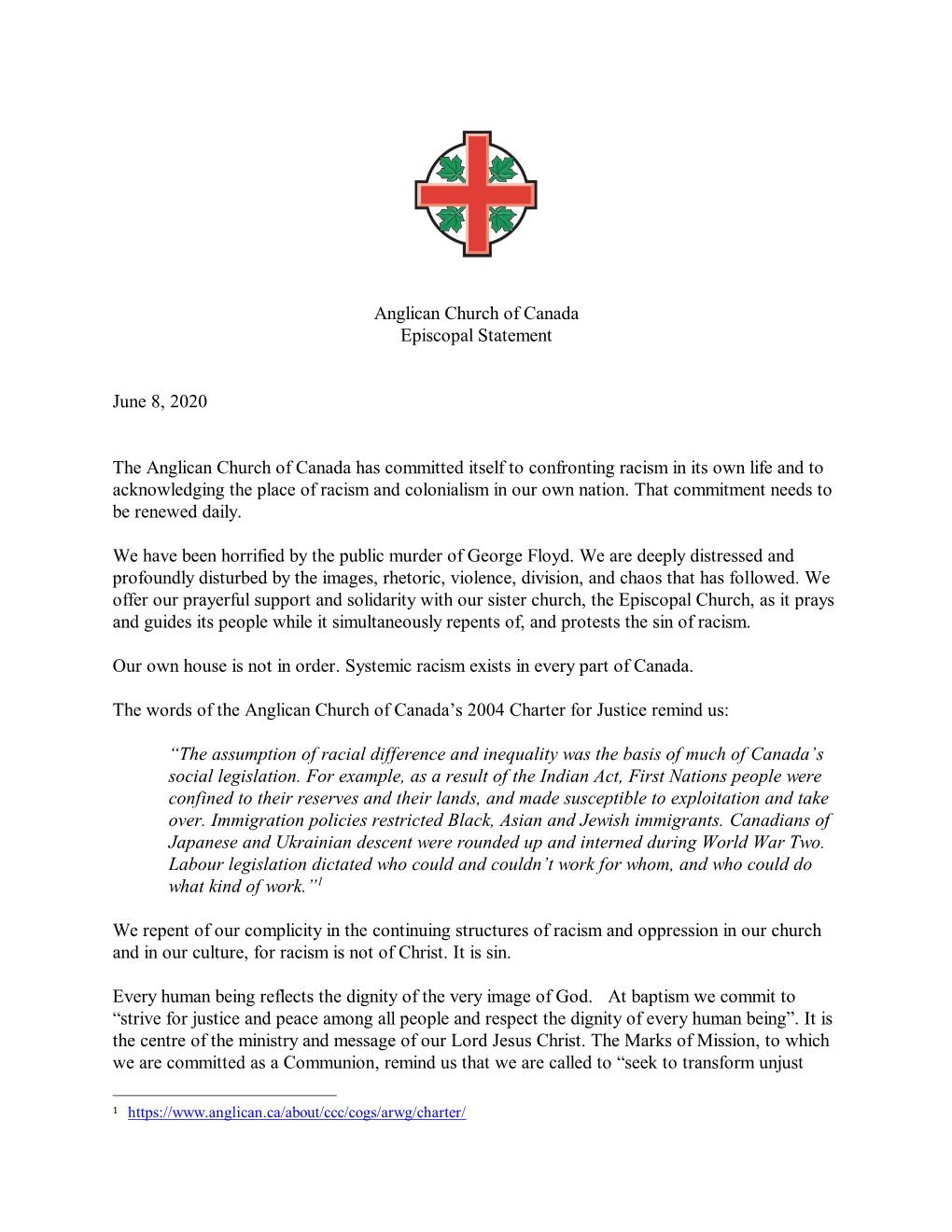 Anglican Church of Canada Episcopal Statement on Racism