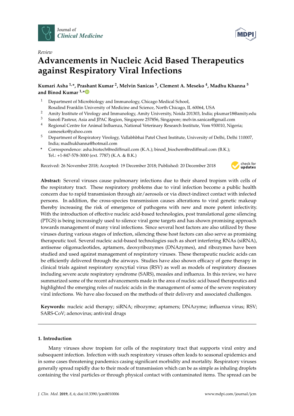 Advancements in Nucleic Acid Based Therapeutics Against Respiratory Viral Infections