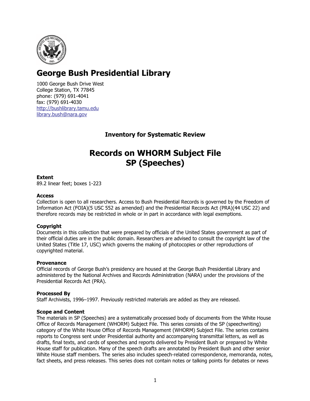 George Bush Presidential Library Records on WHORM Subject File