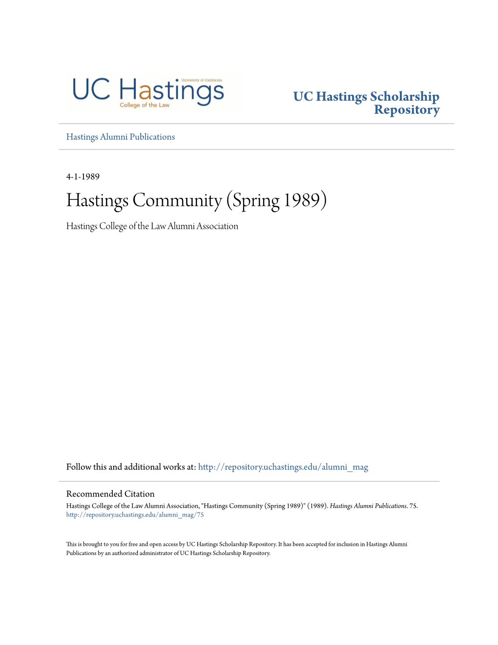 Hastings Community (Spring 1989) Hastings College of the Law Alumni Association