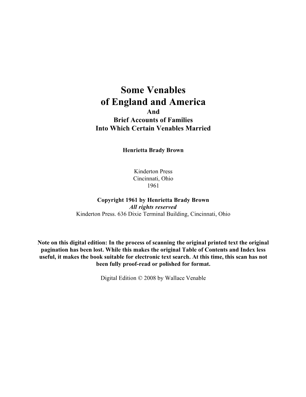 Some Venables of England and America and Brief Accounts of Families Into Which Certain Venables Married