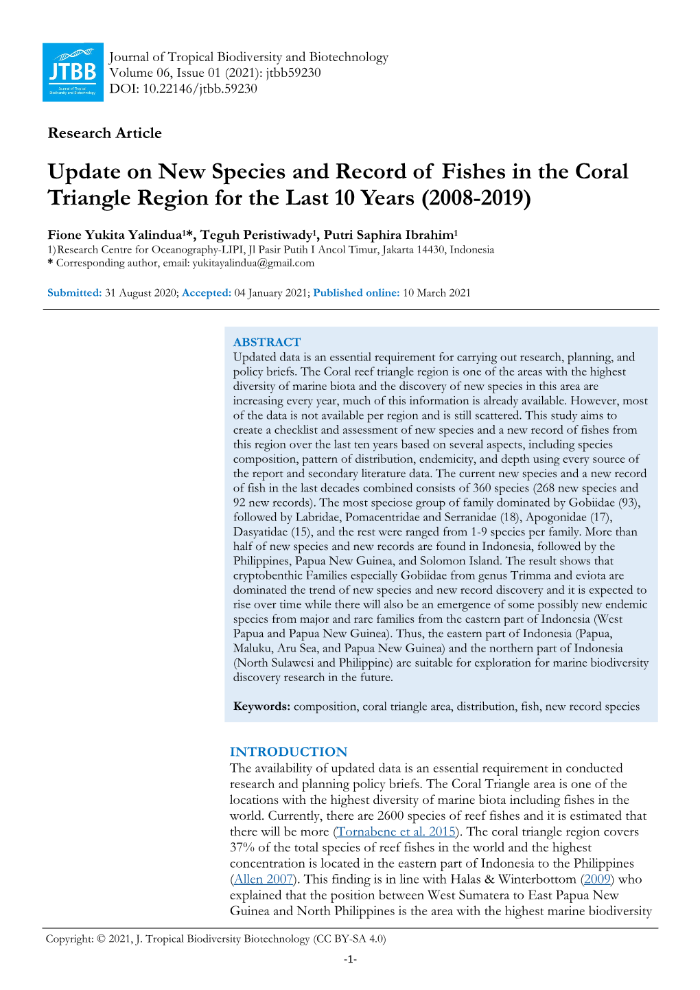 Update on New Species and Record of Fishes in the Coral Triangle Region for the Last 10 Years (2008-2019)