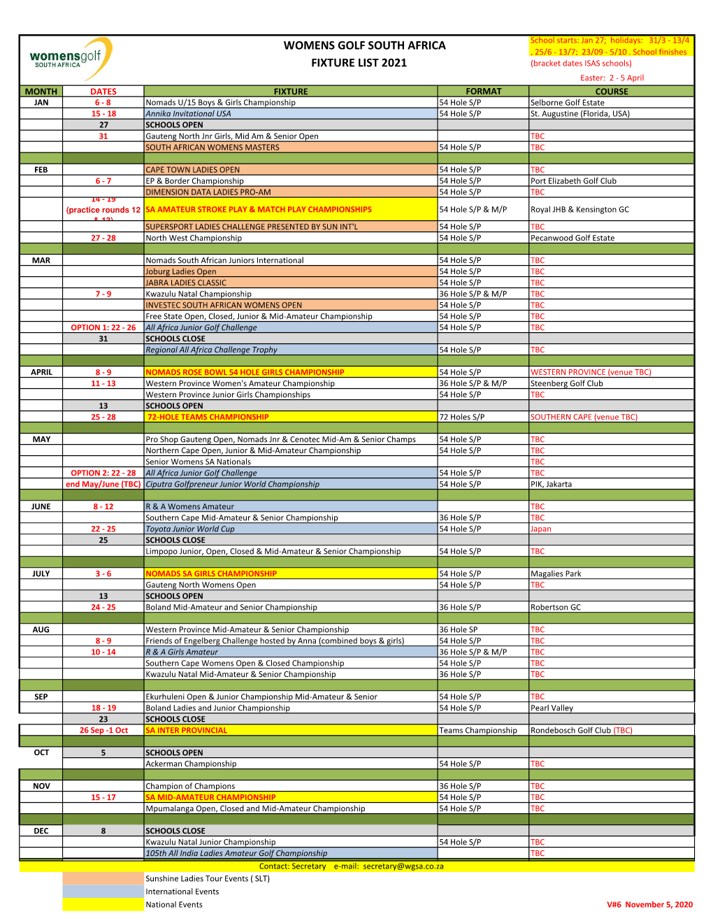 Womens Golf South Africa Fixture List 2021