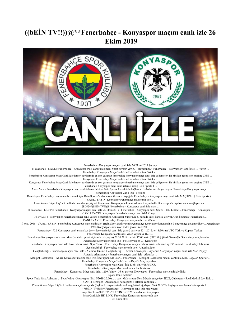 Fenerbahçe - Konyaspor Maçını Canlı Izle 26 Ekim 2019