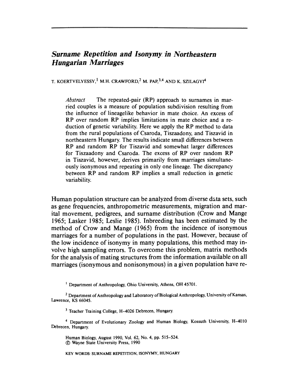 Surname Repetition and Isonymy in Northeastern Hungarian Marriages