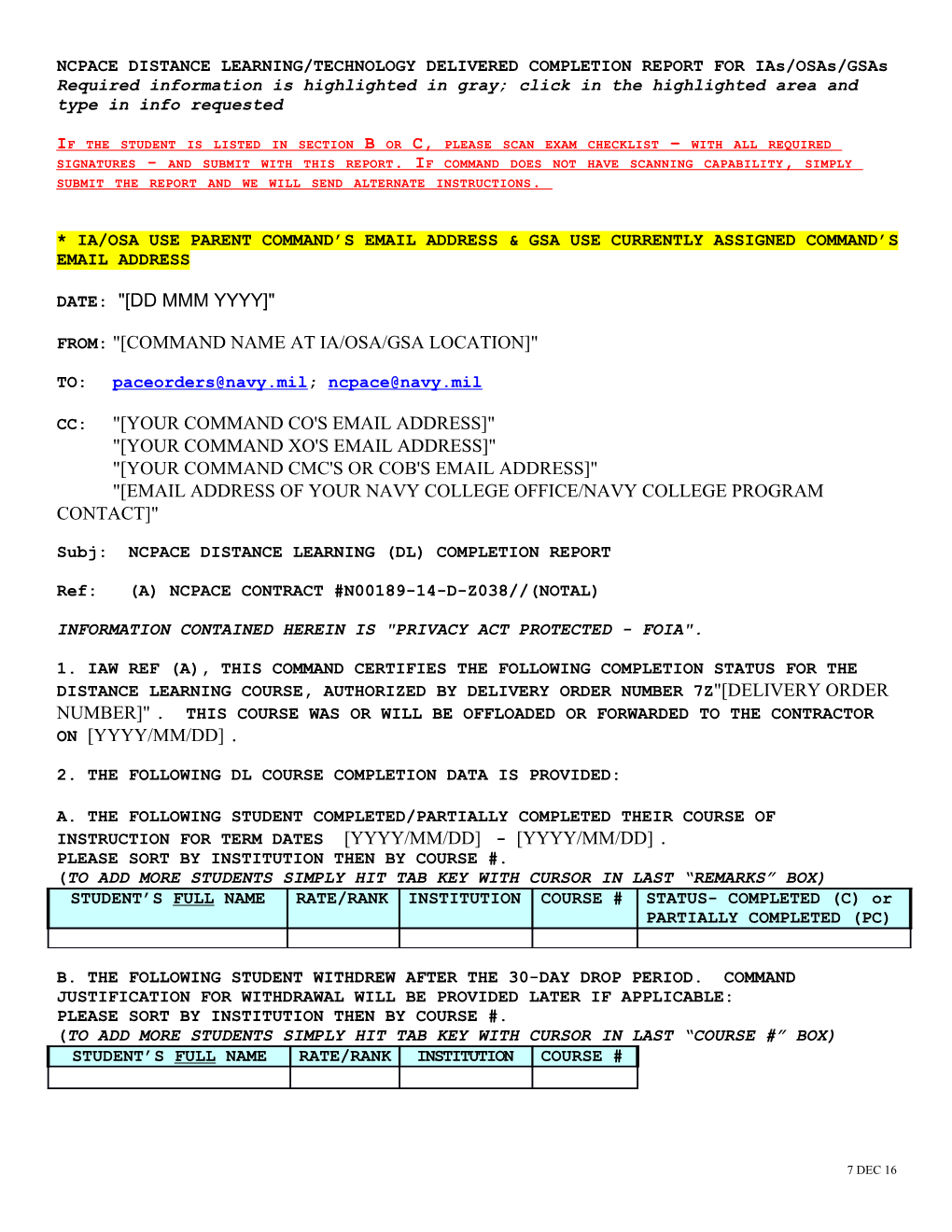 NCPACE DISTANCE LEARNING/TECHNOLOGY DELIVERED COMPLETION REPORT for Ias/Osas/Gsas