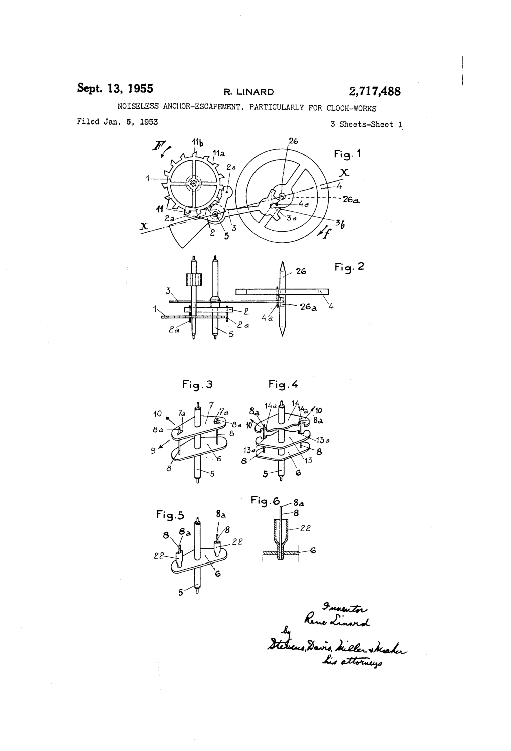 Sept. 13, 1955 R, LINARD 2,717,488 NOISELESS ANCHOR-ESCAPEMENT, PARTICULARLY for CLOCK-WORKS Filed Jan