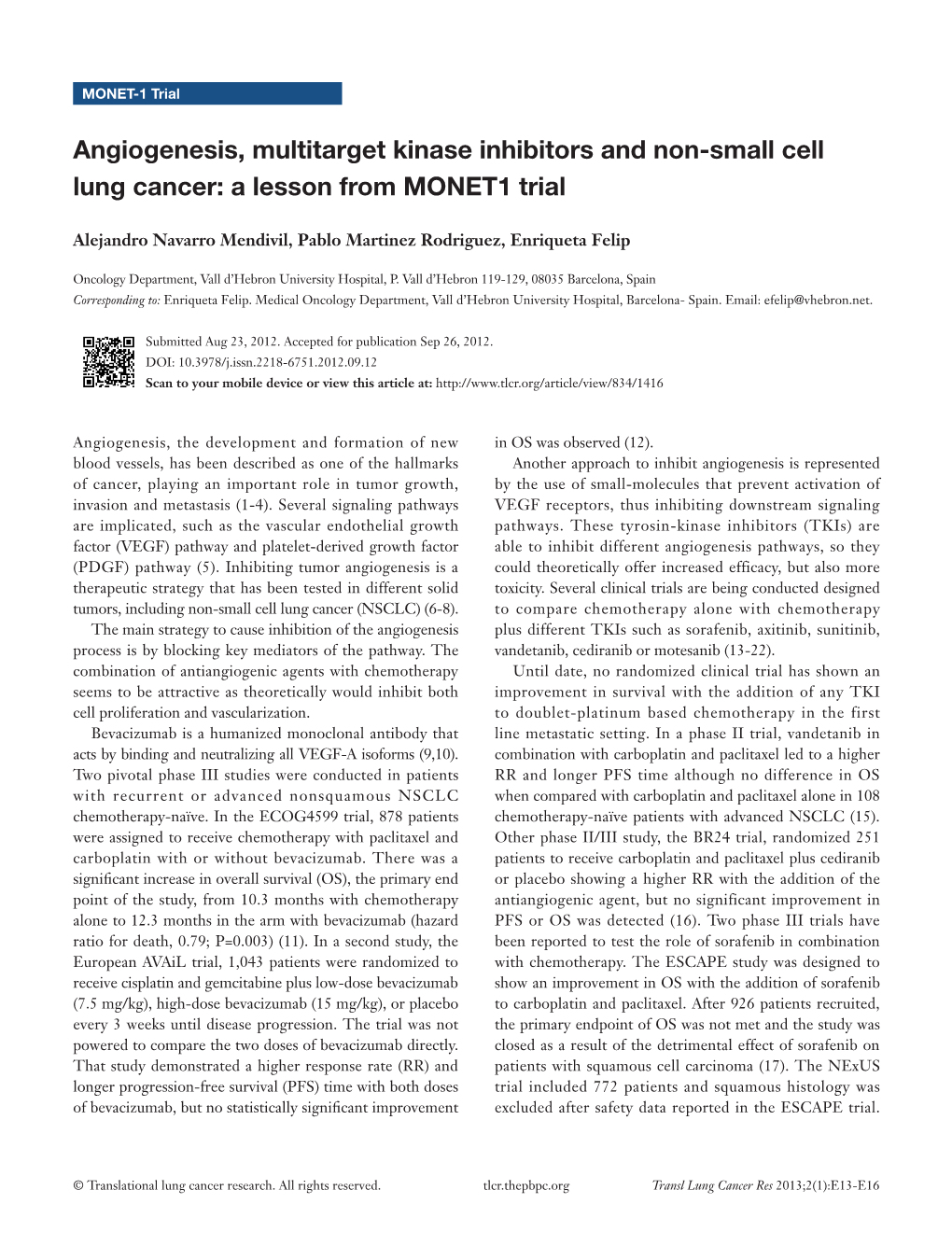Angiogenesis, Multitarget Kinase Inhibitors and Non-Small Cell Lung Cancer: a Lesson from MONET1 Trial