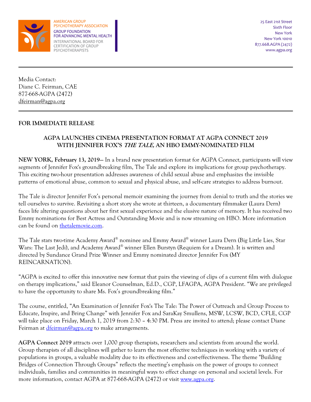 Dfeirman@Agpa.Org for IMMEDIATE RELEASE AGPA LAUNCHES