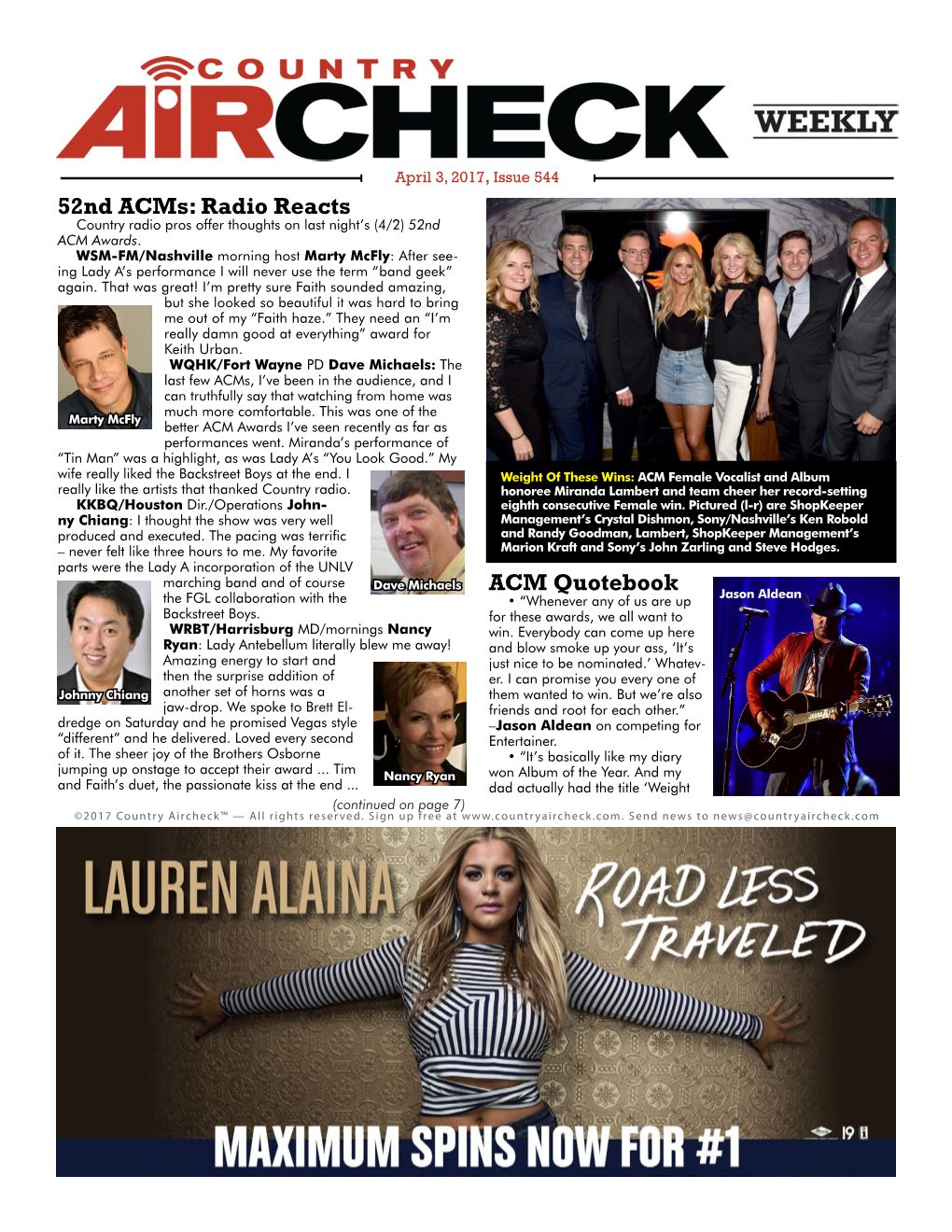 Issue 544 52Nd Acms: Radio Reacts Country Radio Pros Offer Thoughts on Last Night’S (4/2) 52Nd ACM Awards