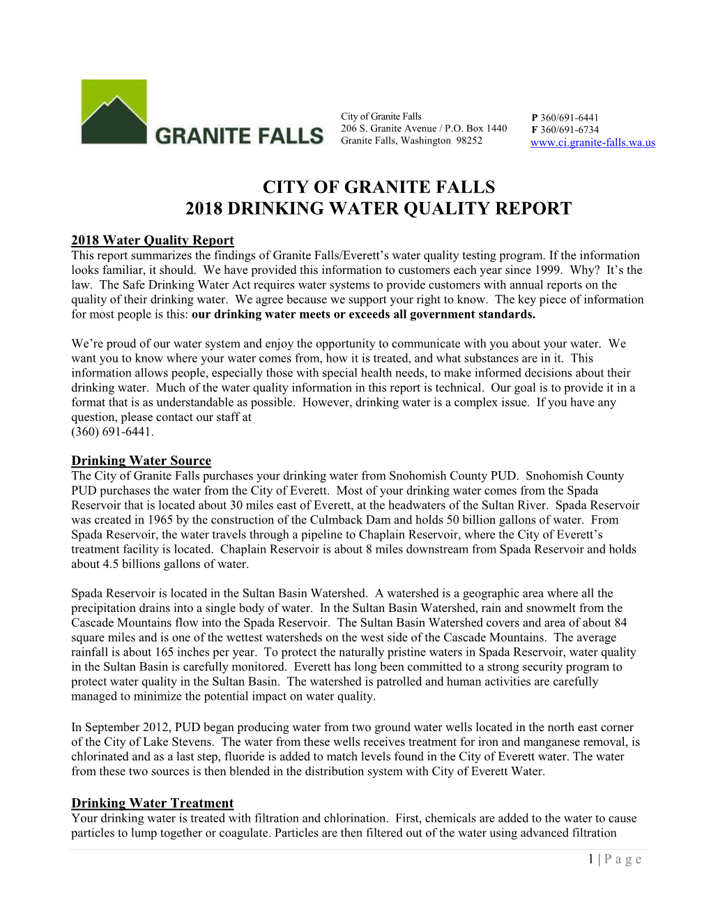 City of Granite Falls 2018 Drinking Water Quality Report