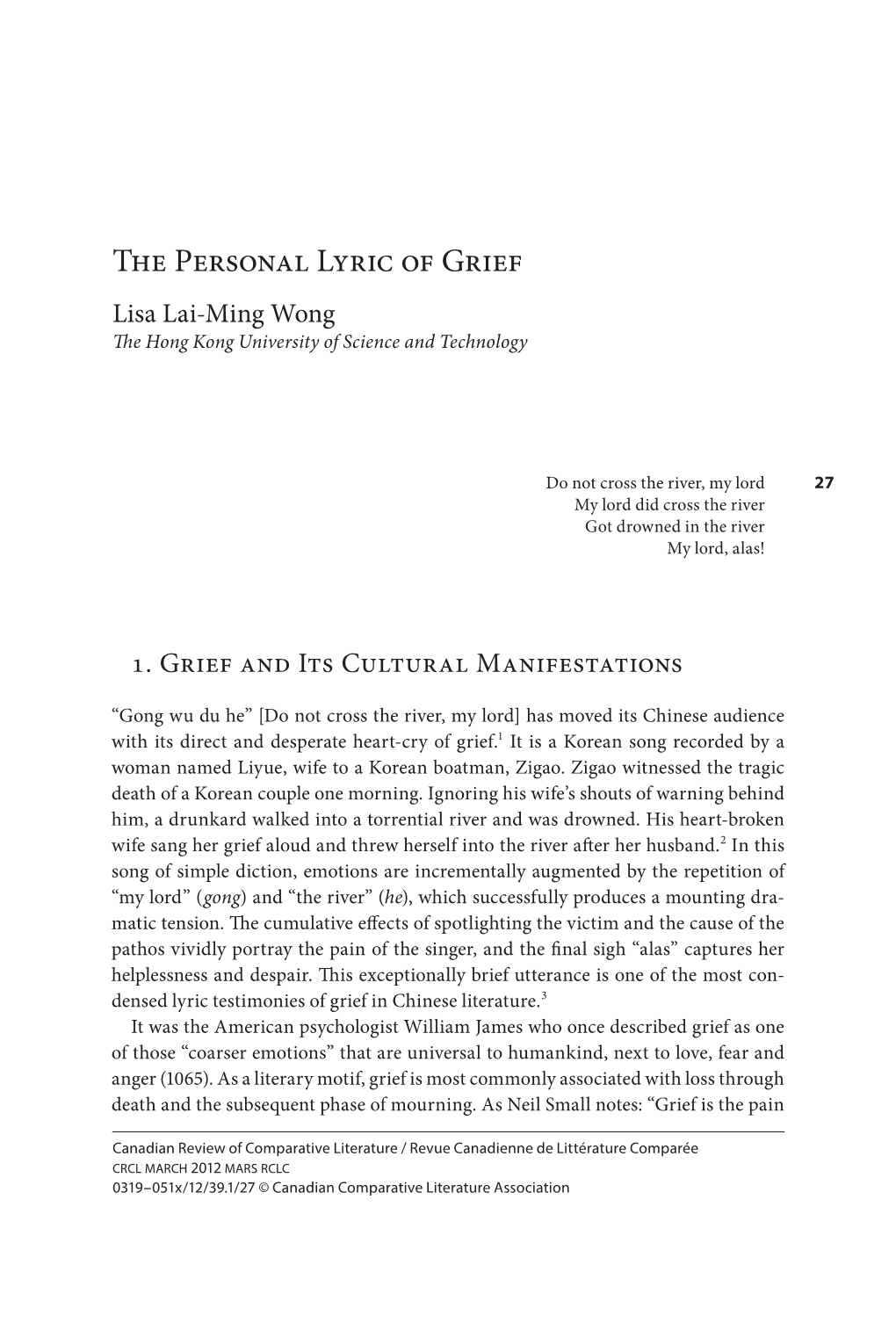 The Personal Lyric of Grief Lisa Lai-Ming Wong the Hong Kong University of Science and Technology