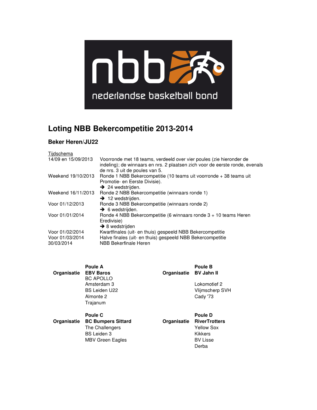 Loting NBB Bekercompetitie 2013-2014