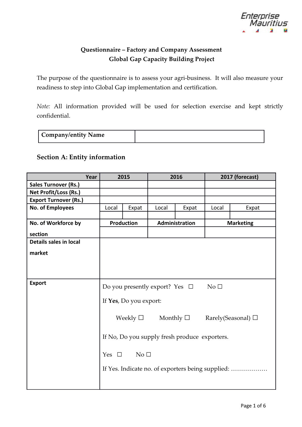 Questionnaire Factory and Company Assessment