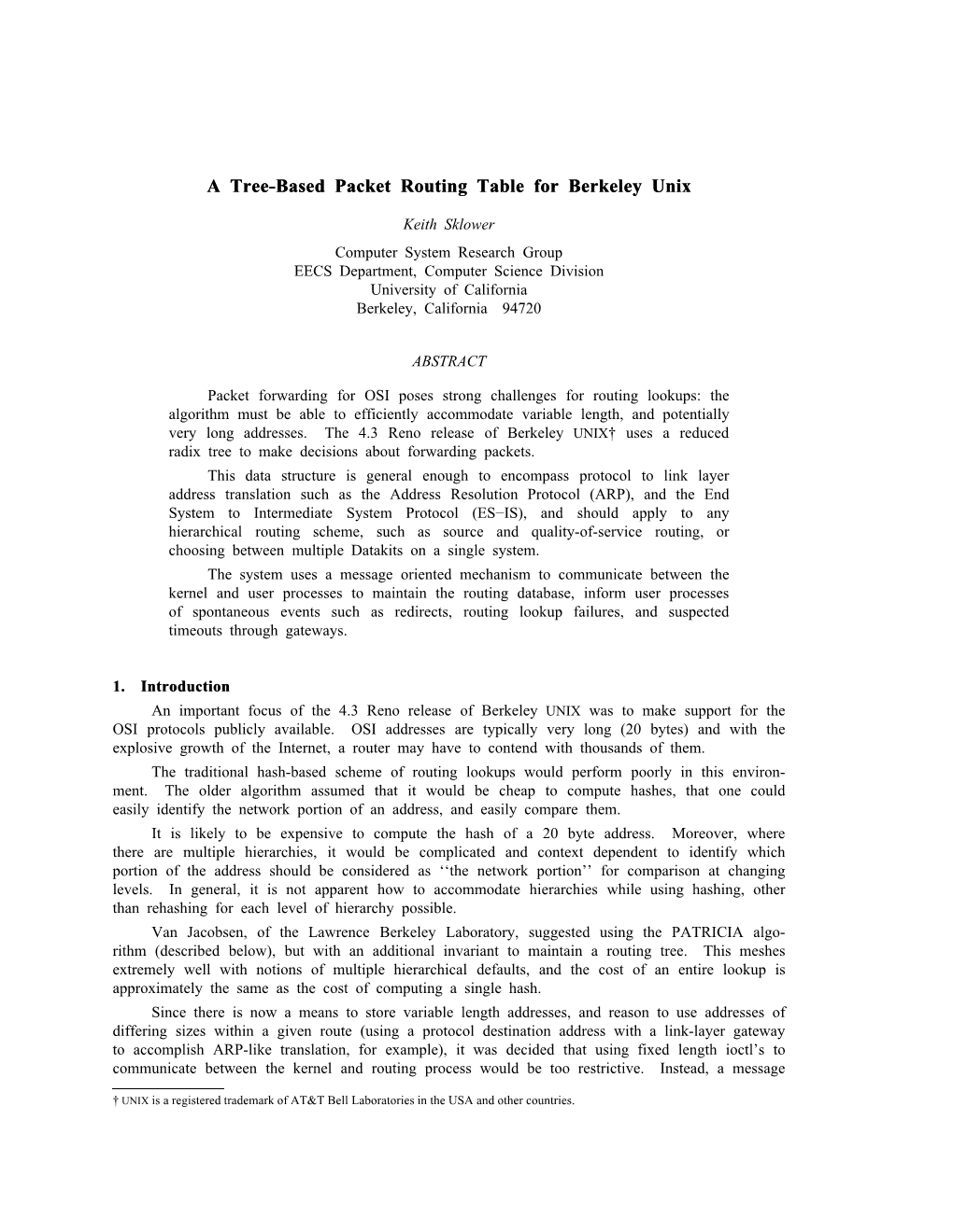 A Tree-Based Packet Routing Table for Berkeley Unix