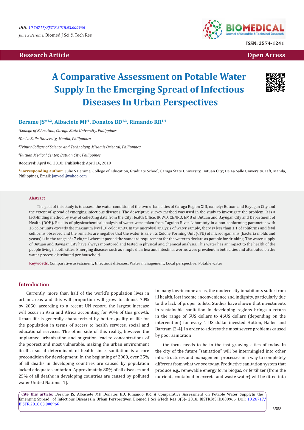 A Comparative Assessment on Potable Water Supply in the Emerging Spread of Infectious Diseases in Urban Perspectives