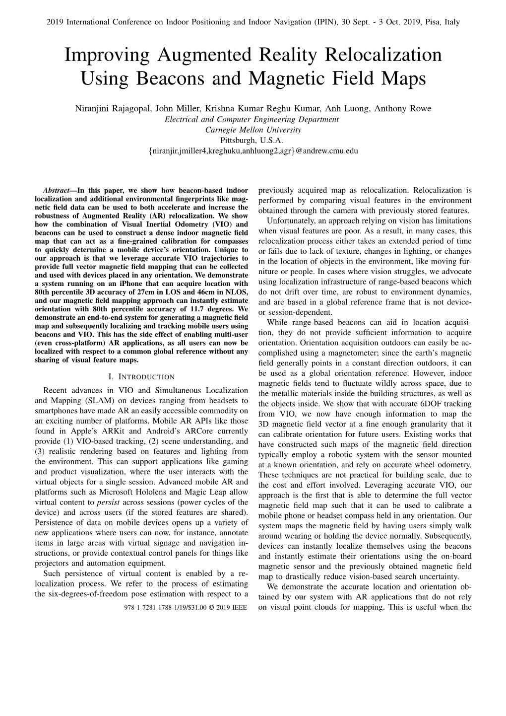 Improving Augmented Reality Relocalization Using Beacons and Magnetic Field Maps