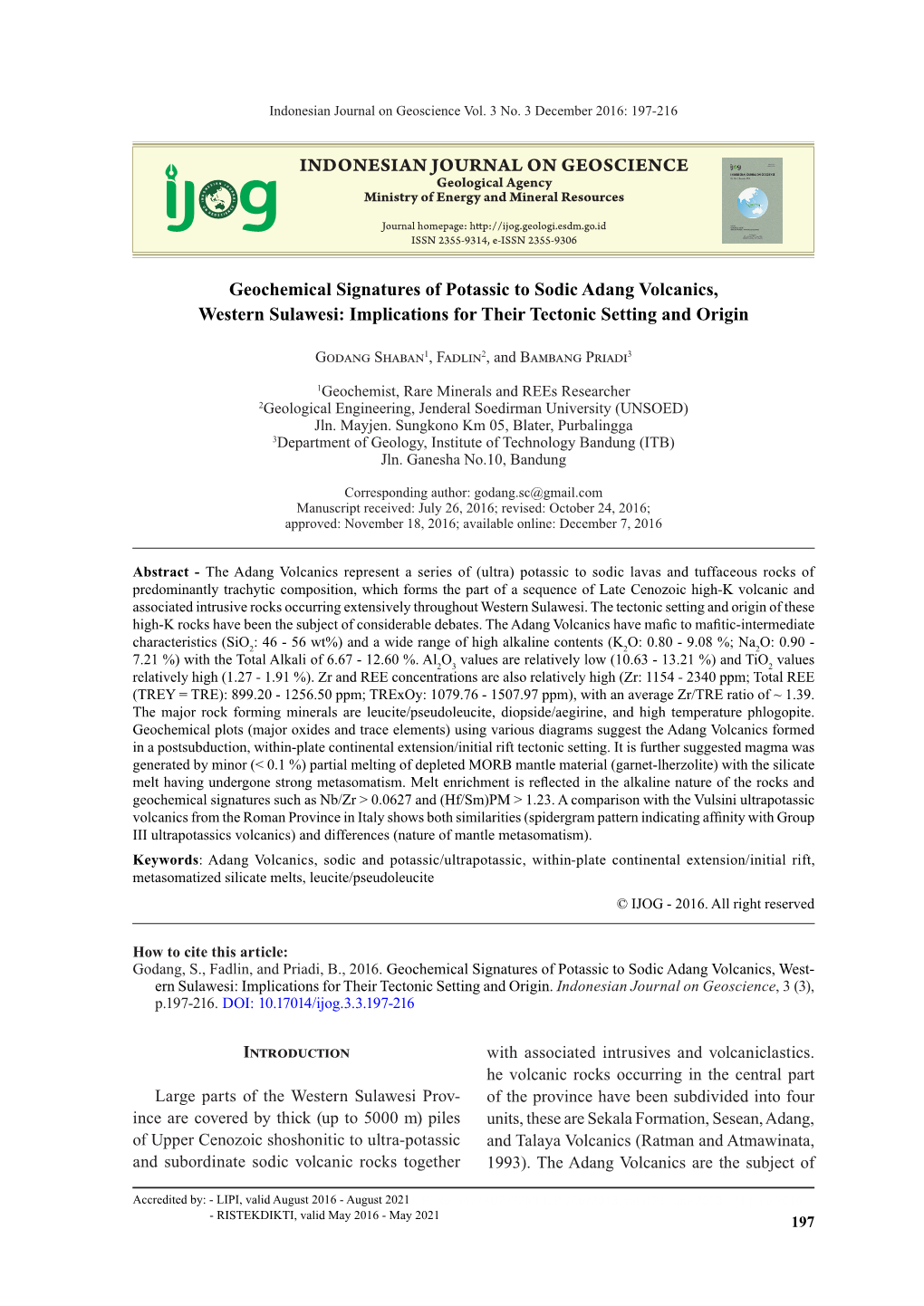 Geochemical Signatures of Potassic to Sodic Adang Volcanics, Western Sulawesi: Implications for Their Tectonic Setting and Origin