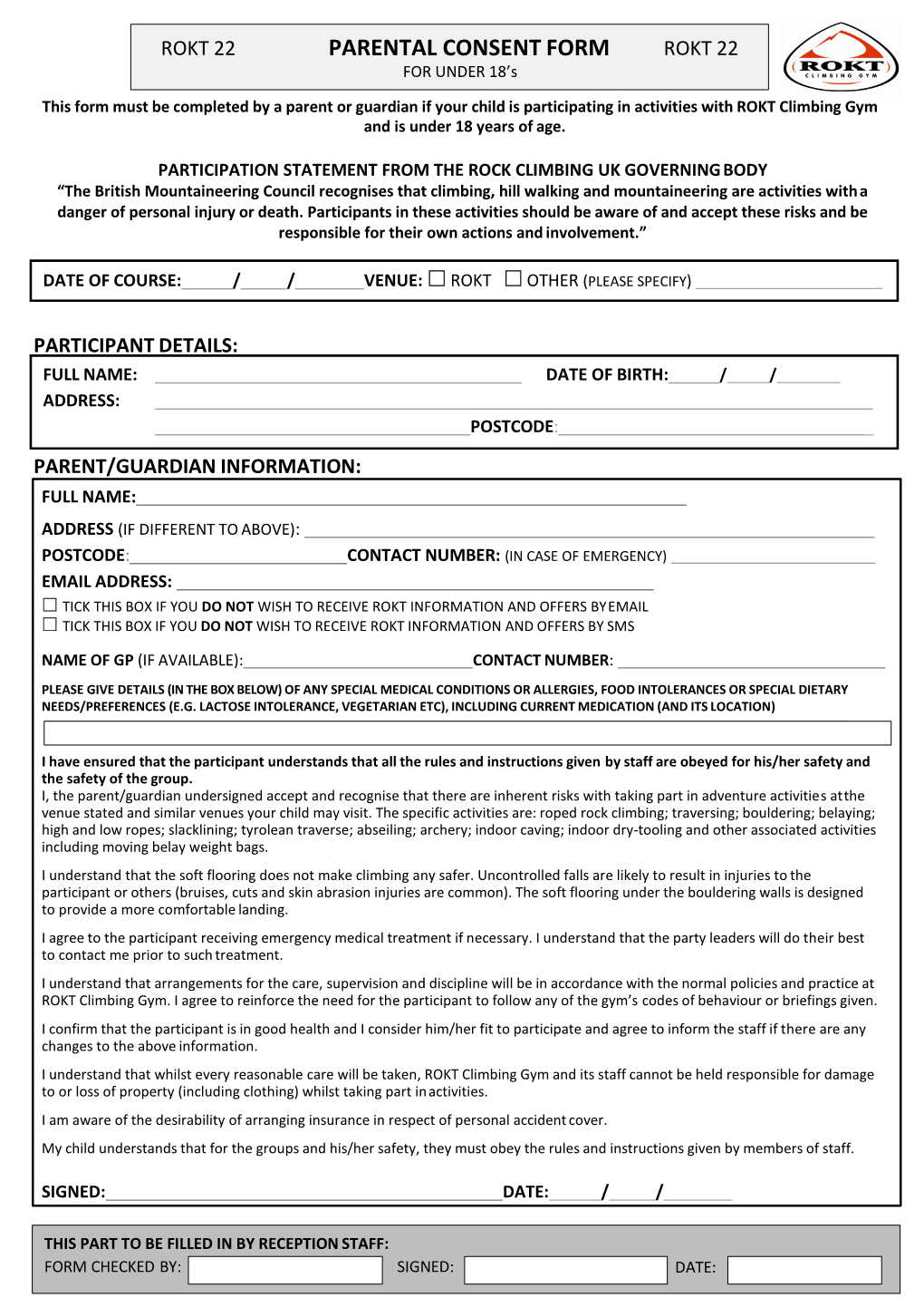 PARENTAL CONSENT FORM ROKT 22 for UNDER 18’S