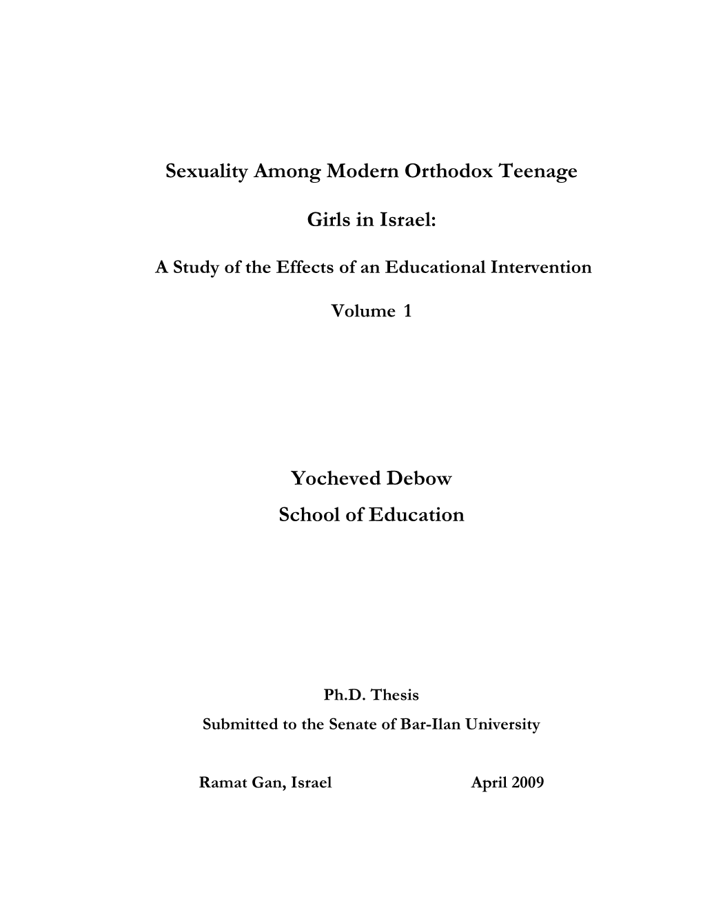 Sexuality Among Modern Orthodox Teenage Girls in Israel