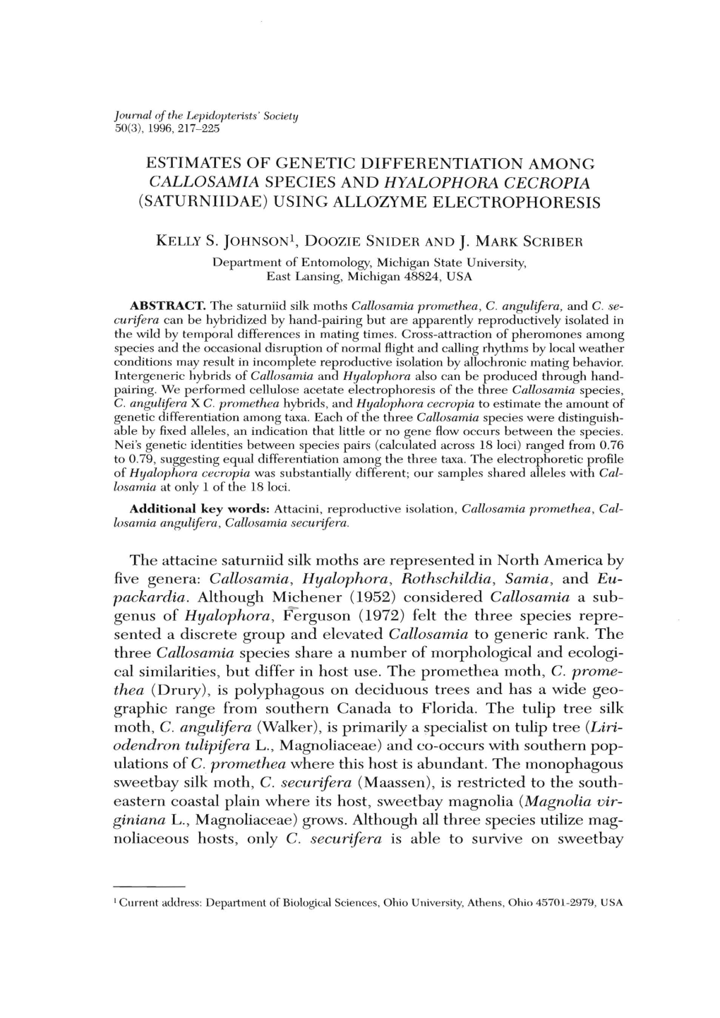 Callosamia Species and Hyalophora Cecropia (Saturniidae) Using Allozyme Electrophoresis