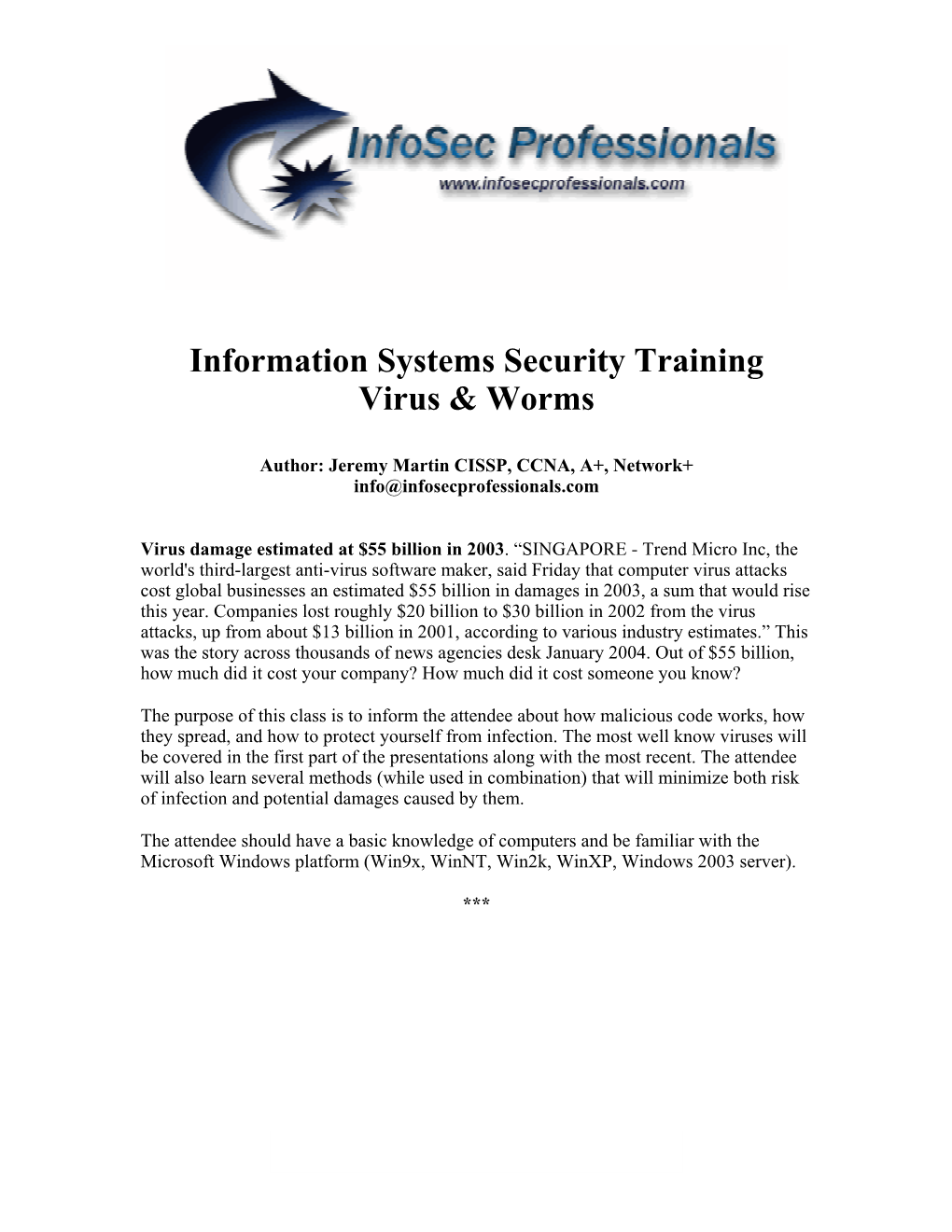 Information Systems Security Training Virus & Worms