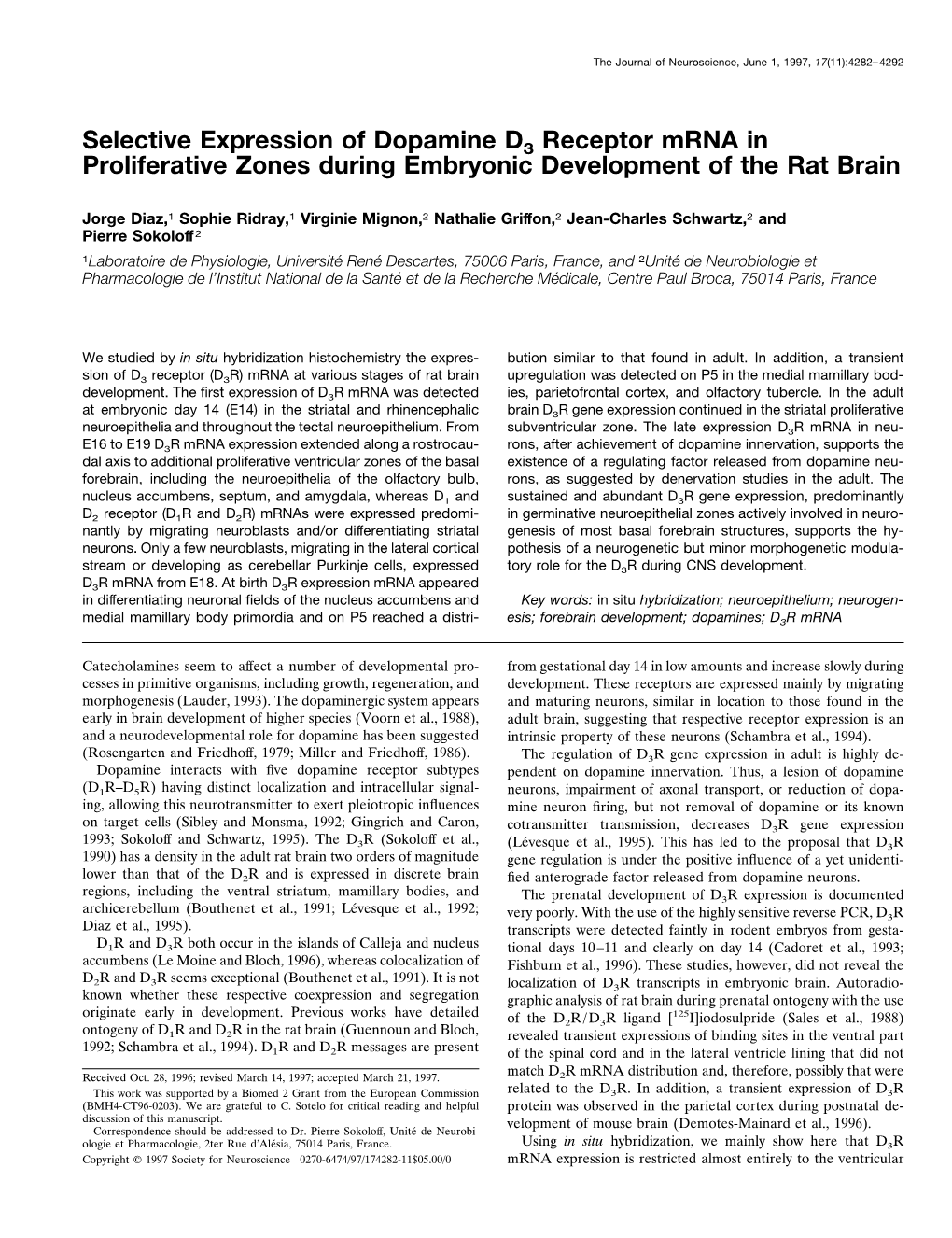 Selective Expression of Dopamine D3 Receptor Mrna in Proliferative Zones During Embryonic Development of the Rat Brain