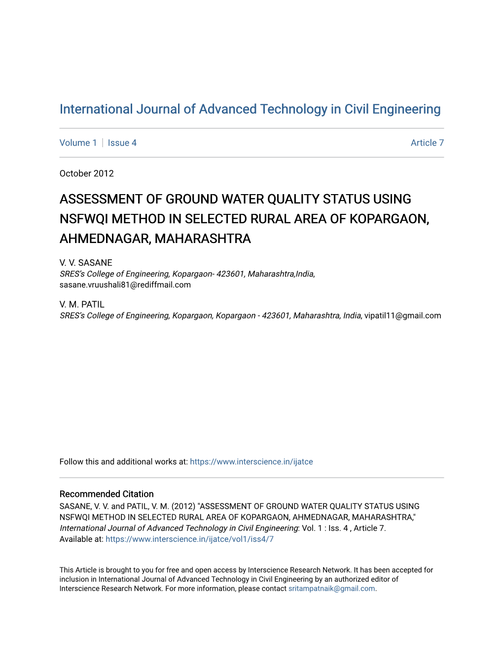 Assessment of Ground Water Quality Status Using Nsfwqi Method in Selected Rural Area of Kopargaon, Ahmednagar, Maharashtra