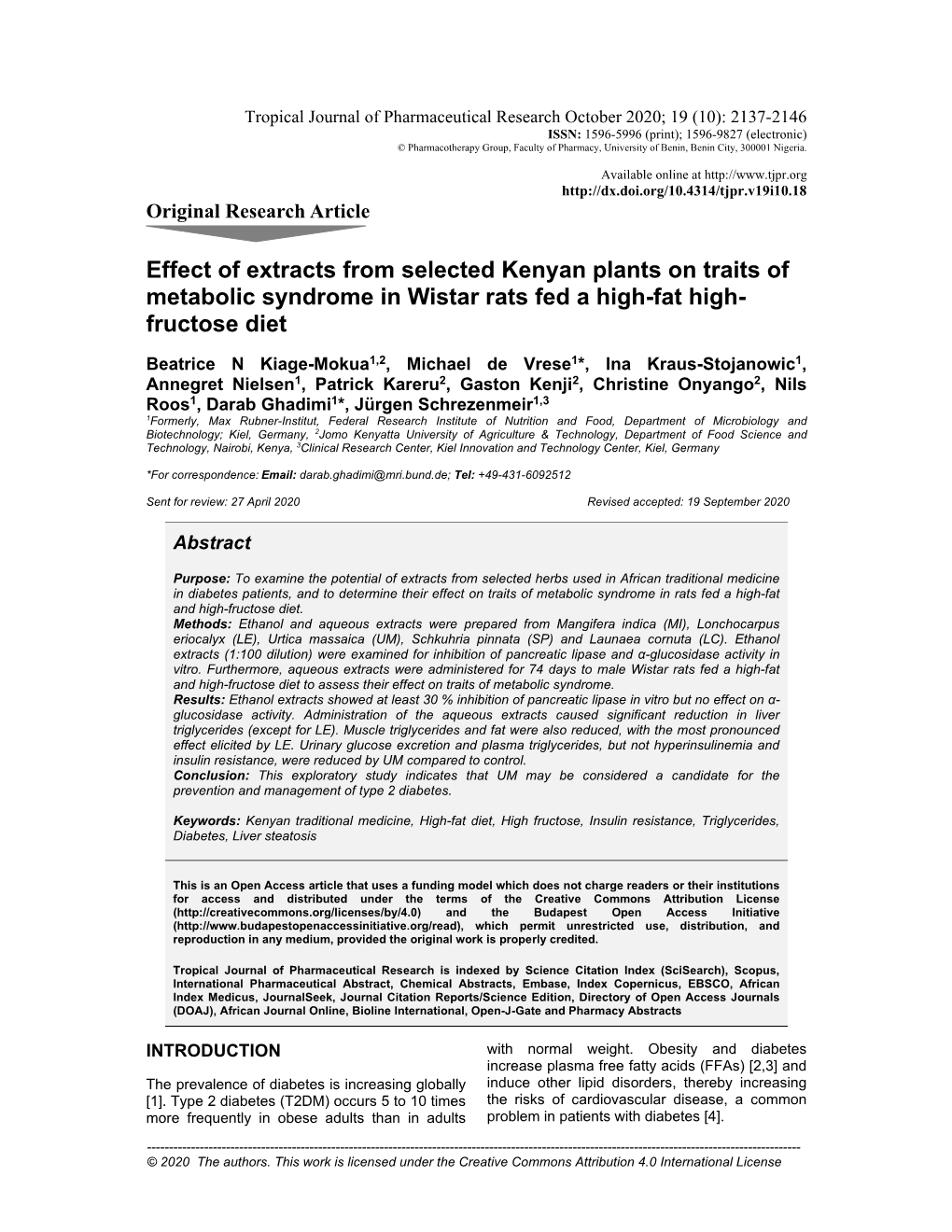 Effect of Extracts from Selected Kenyan Plants on Traits of Metabolic Syndrome in Wistar Rats Fed a High-Fat High- Fructose Diet