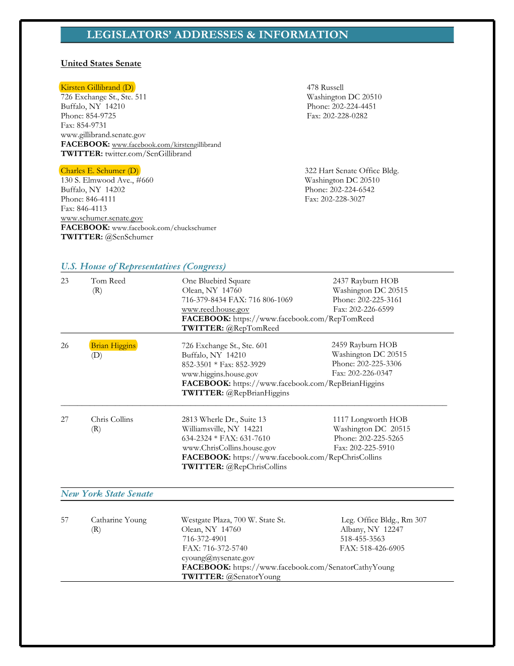 Legislators' Addresses & Information