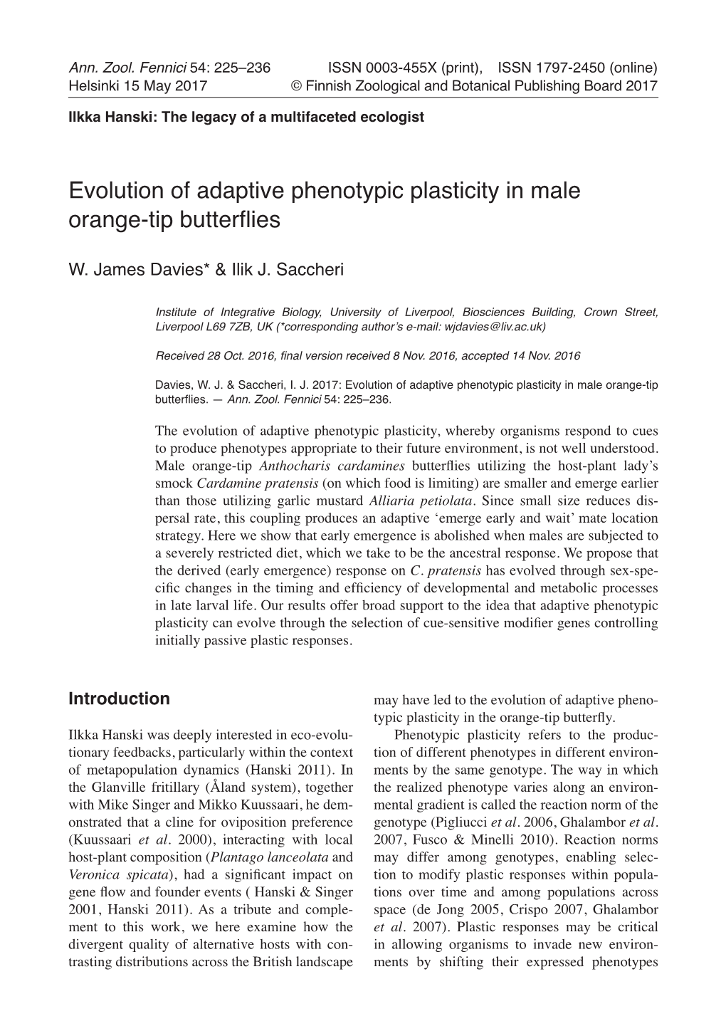 Evolution of Adaptive Phenotypic Plasticity in Male Orange-Tip Butterflies
