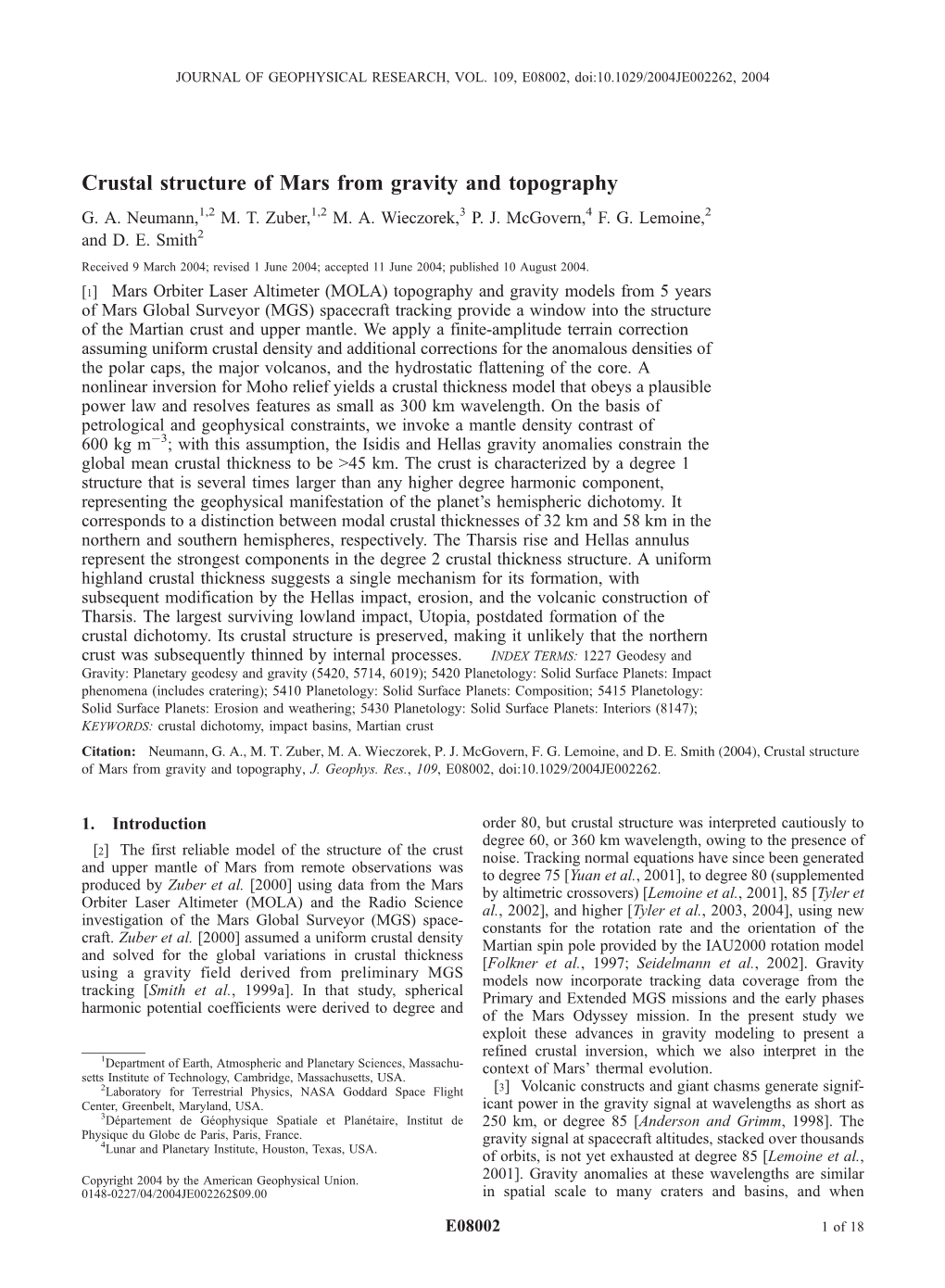 Crustal Structure of Mars from Gravity and Topography G