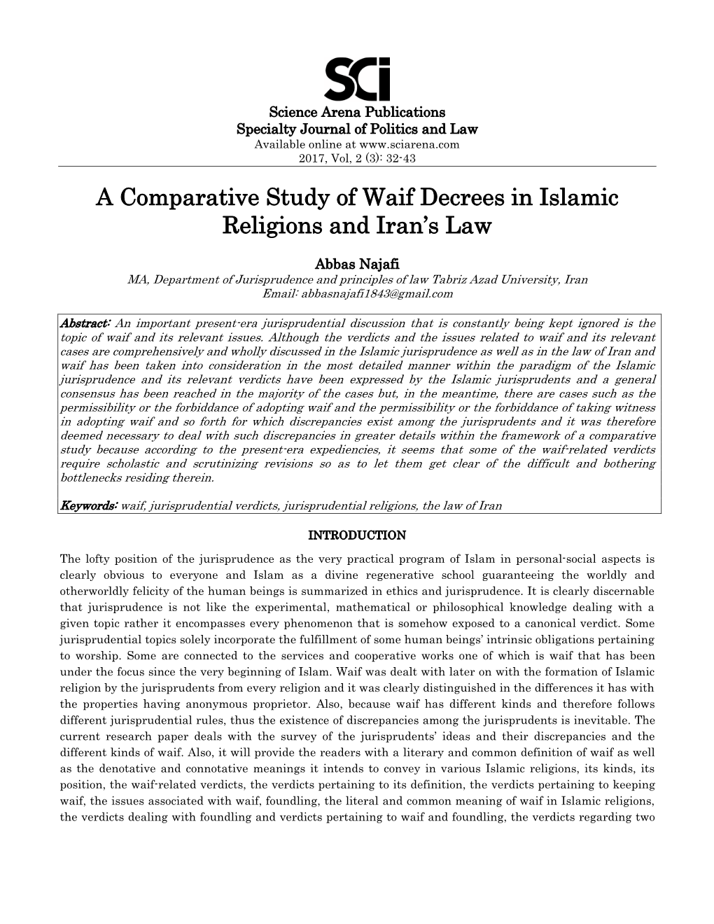 A Comparative Study of Waif Decrees in Islamic Religions and Iran's