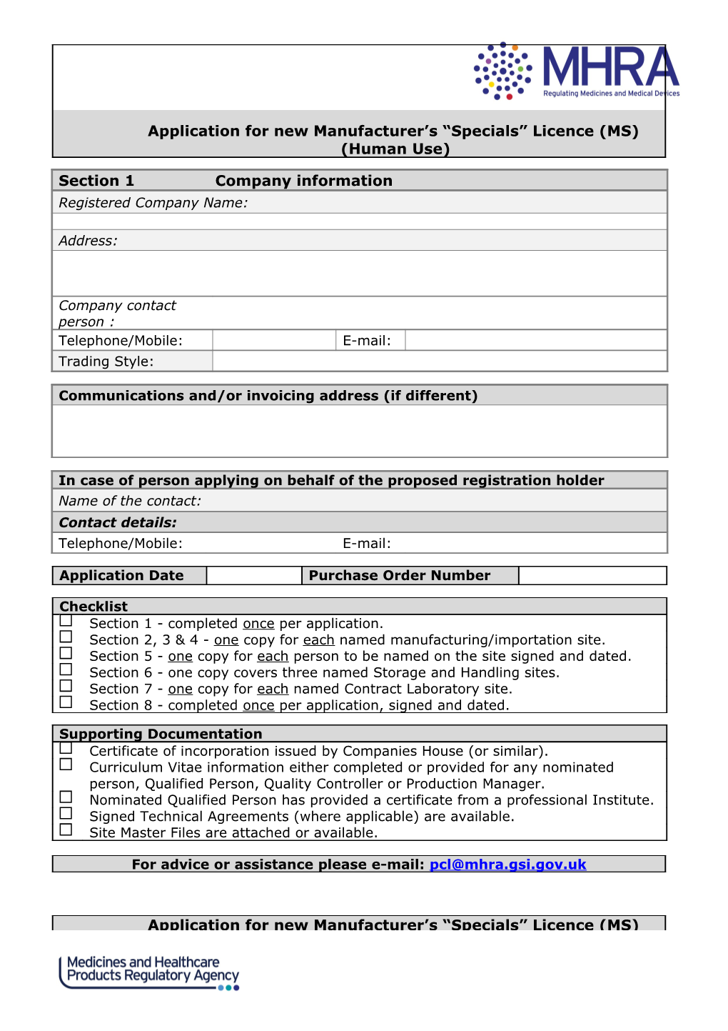 Application for New Manufacturer S/Importer S Licence (MIA)