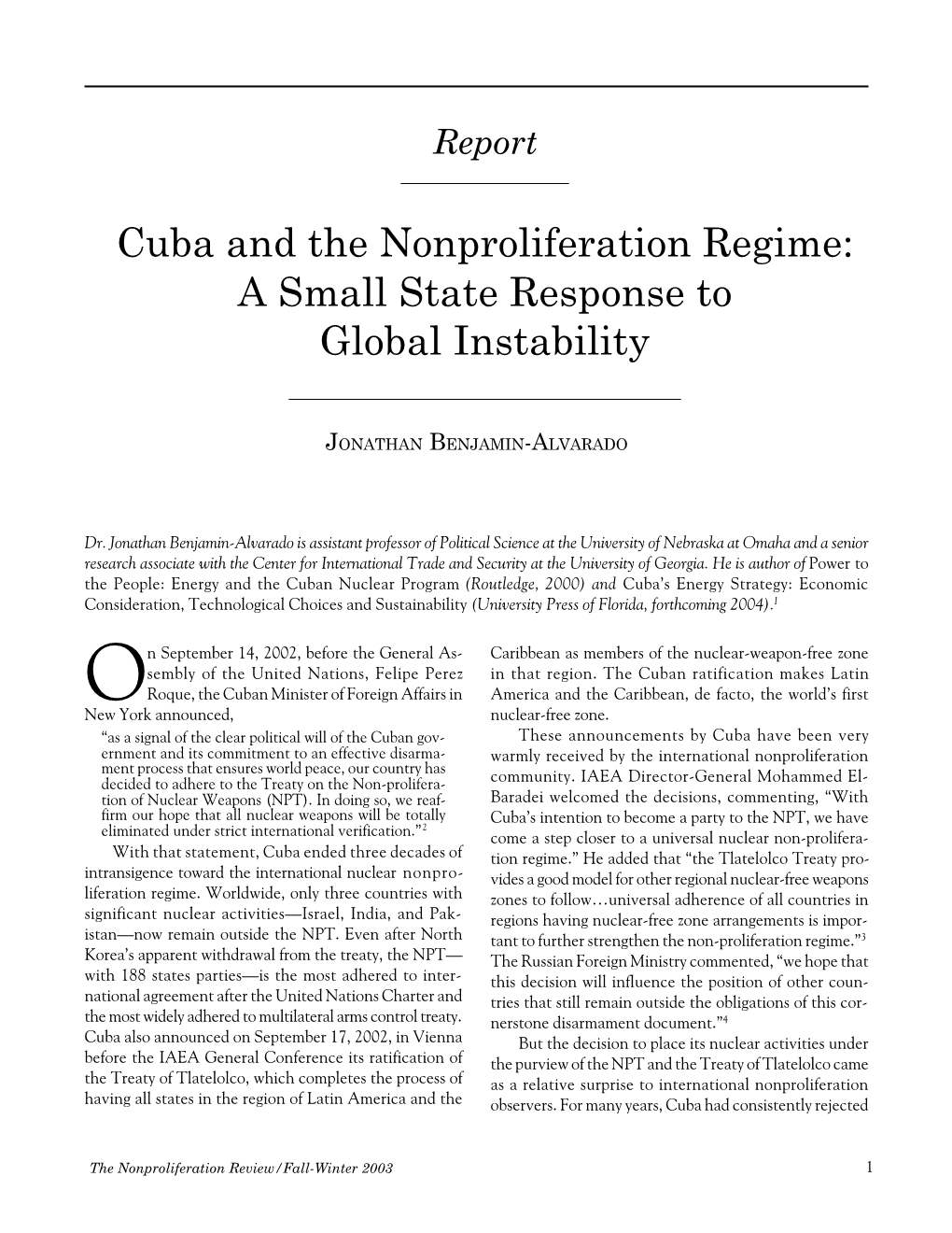 Cuba and the Nonproliferation Regime: a Small State Response to Global Instability